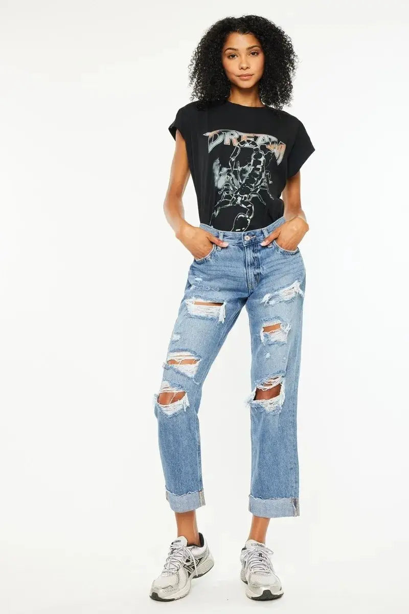 T-Shirts Trendsi Kancan Mid Rise Distressed Jeans Women's Casual Boyfriend Fit Denim - Comfortable