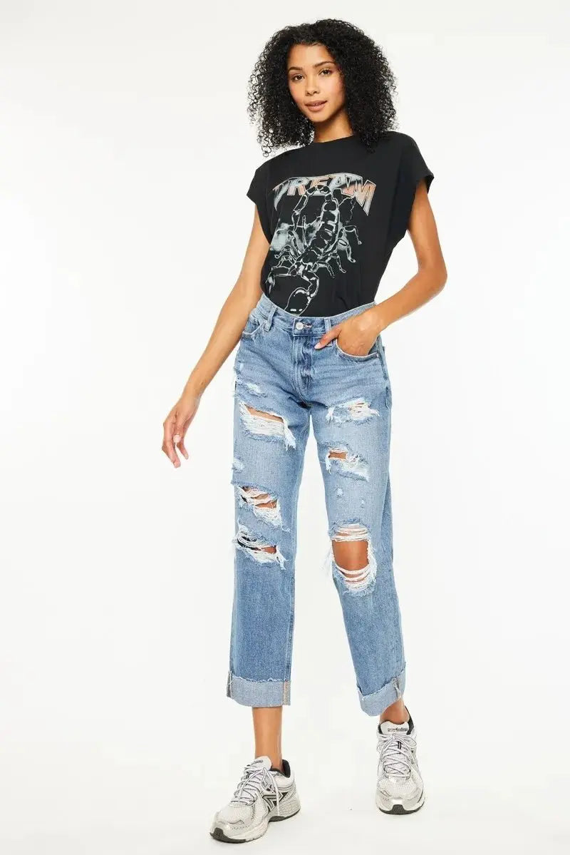 T-Shirts Trendsi Kancan Mid Rise Distressed Jeans Women's Casual Boyfriend Fit Denim - Comfortable