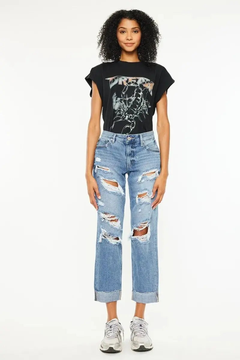 T-Shirts Trendsi Kancan Mid Rise Distressed Jeans Women's Casual Boyfriend Fit Denim - Comfortable
