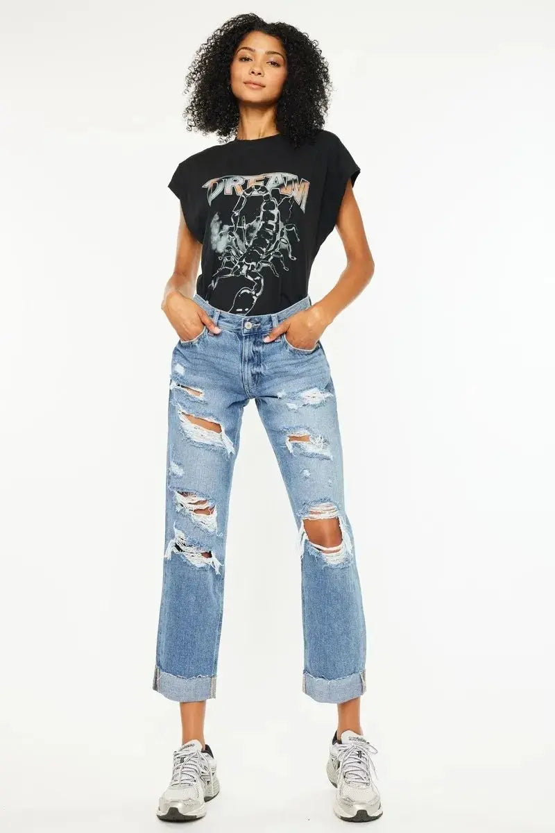 T-Shirts Trendsi Kancan Mid Rise Distressed Jeans Women's Casual Boyfriend Fit Denim - Comfortable