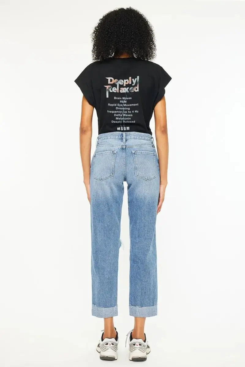 T-Shirts Trendsi Kancan Mid Rise Distressed Jeans Women's Casual Boyfriend Fit Denim - Comfortable