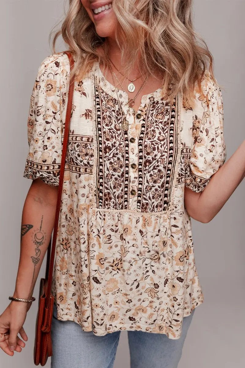 Accessories Love Salve Khaki Floral Blouse Women's Boho Summer Top - Chic & Lightweight