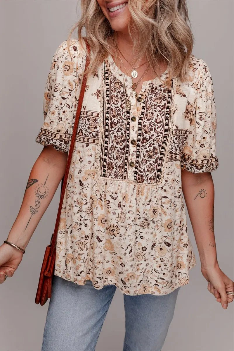 Accessories Love Salve Khaki Floral Blouse Women's Boho Summer Top - Chic & Lightweight