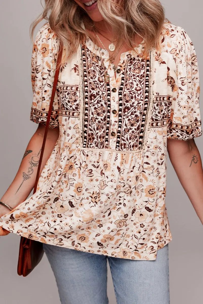 Accessories Love Salve Khaki Floral Blouse Women's Boho Summer Top - Chic & Lightweight