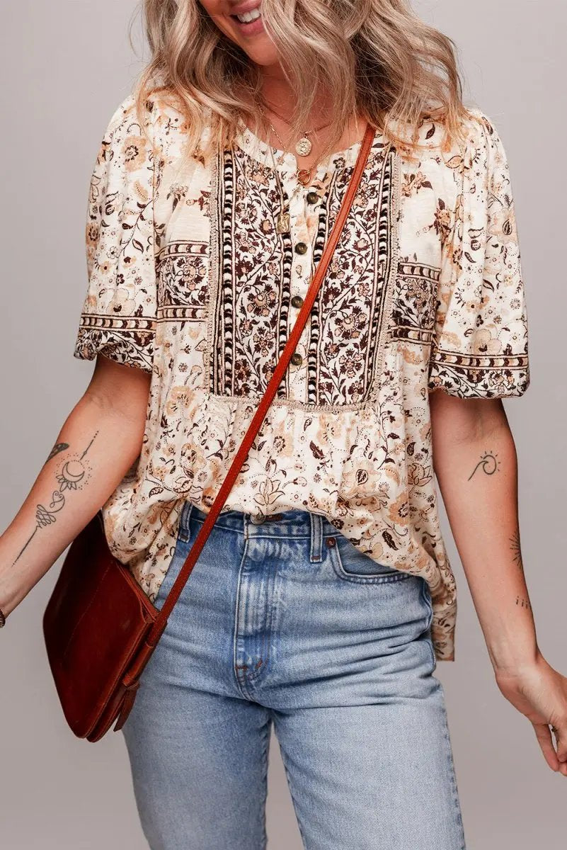 Accessories Love Salve Khaki Floral Blouse Women's Boho Summer Top - Chic & Lightweight