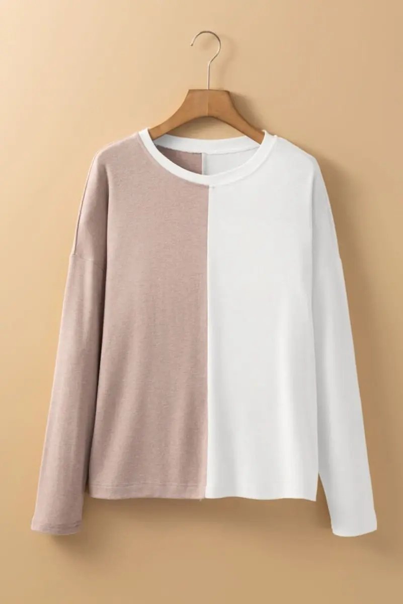 Accessories Love Salve Khaki Colorblock Women's Casual Top Fall Fashion Long Sleeve Breathable