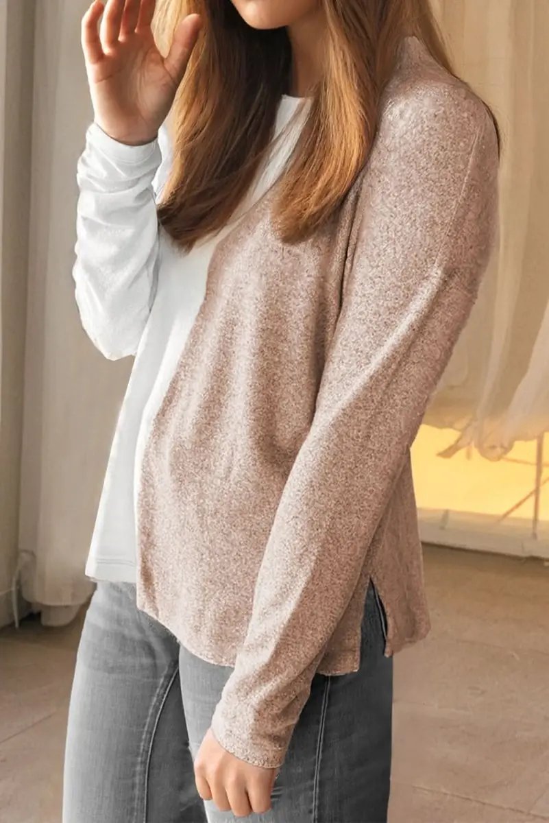 Accessories Love Salve Khaki Colorblock Women's Casual Top Fall Fashion Long Sleeve Breathable
