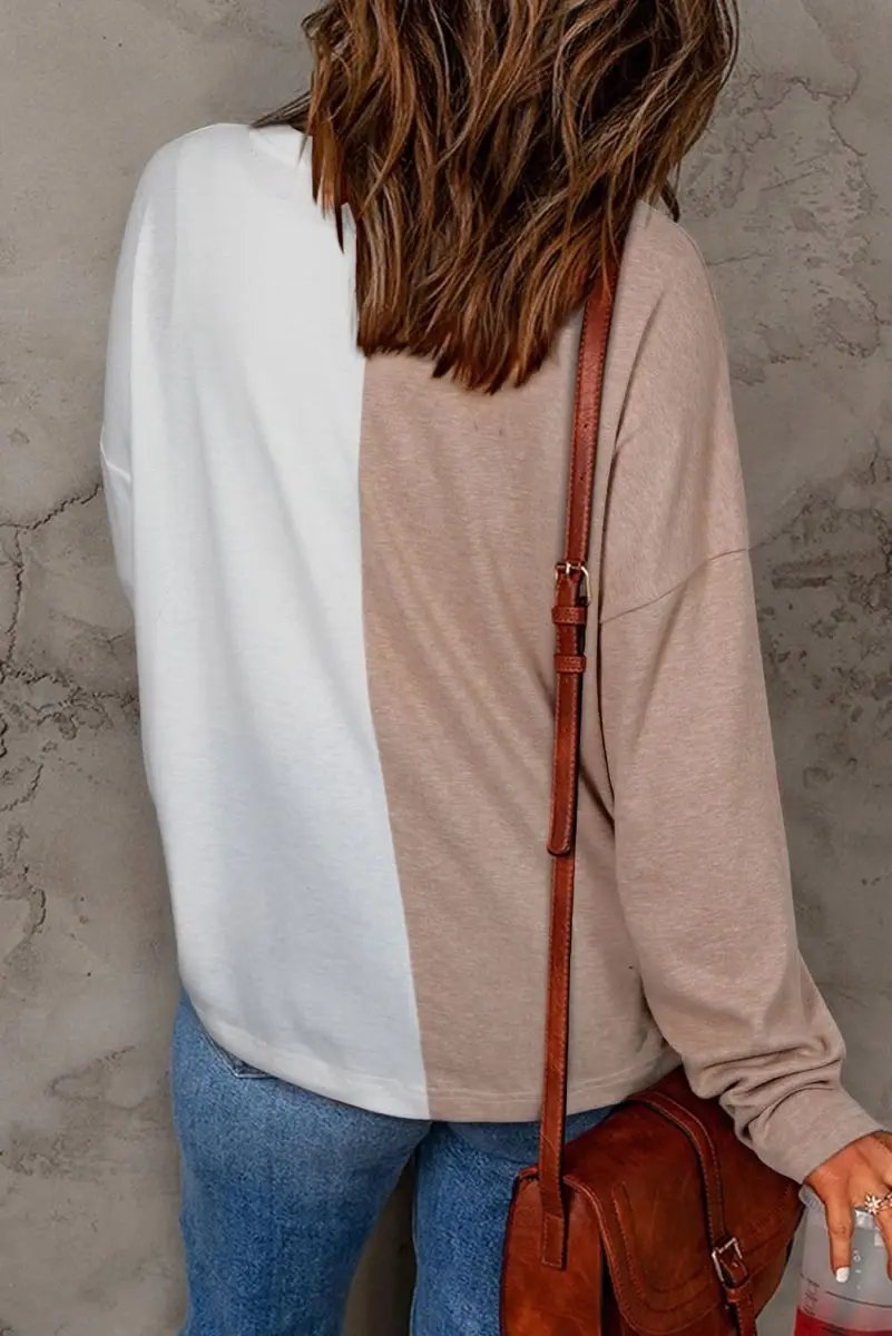 Accessories Love Salve Khaki Colorblock Women's Casual Top Fall Fashion Long Sleeve Breathable