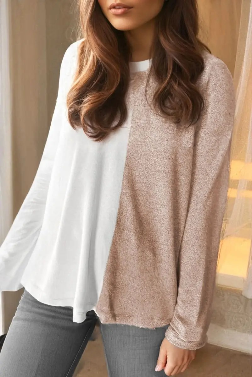 Accessories Love Salve Khaki Colorblock Women's Casual Top Fall Fashion Long Sleeve Breathable