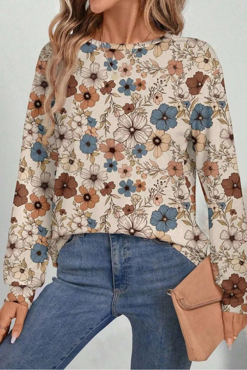 T-Shirts Love Salve Khaki Floral Women's Everyday Tee Long Sleeve Crew Neck Soft & Comfy