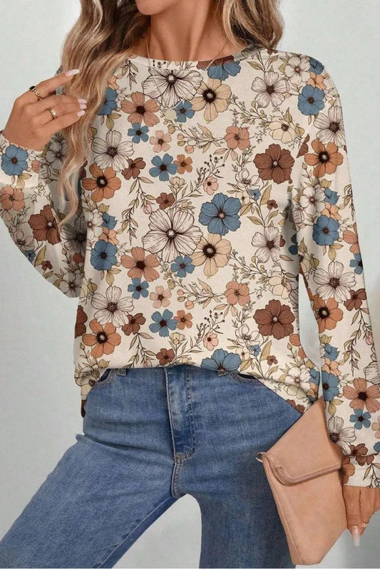 T-Shirts Love Salve Khaki Floral Women's Everyday Tee Long Sleeve Crew Neck Soft & Comfy