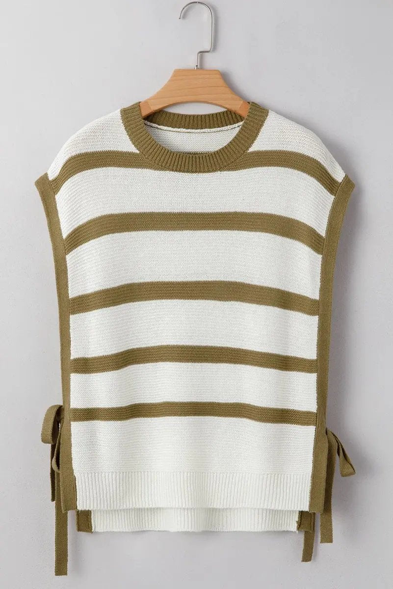 Sweaters Love Salve Khaki Stripe Sweater Women's Daily Knit Top Open Side Casual