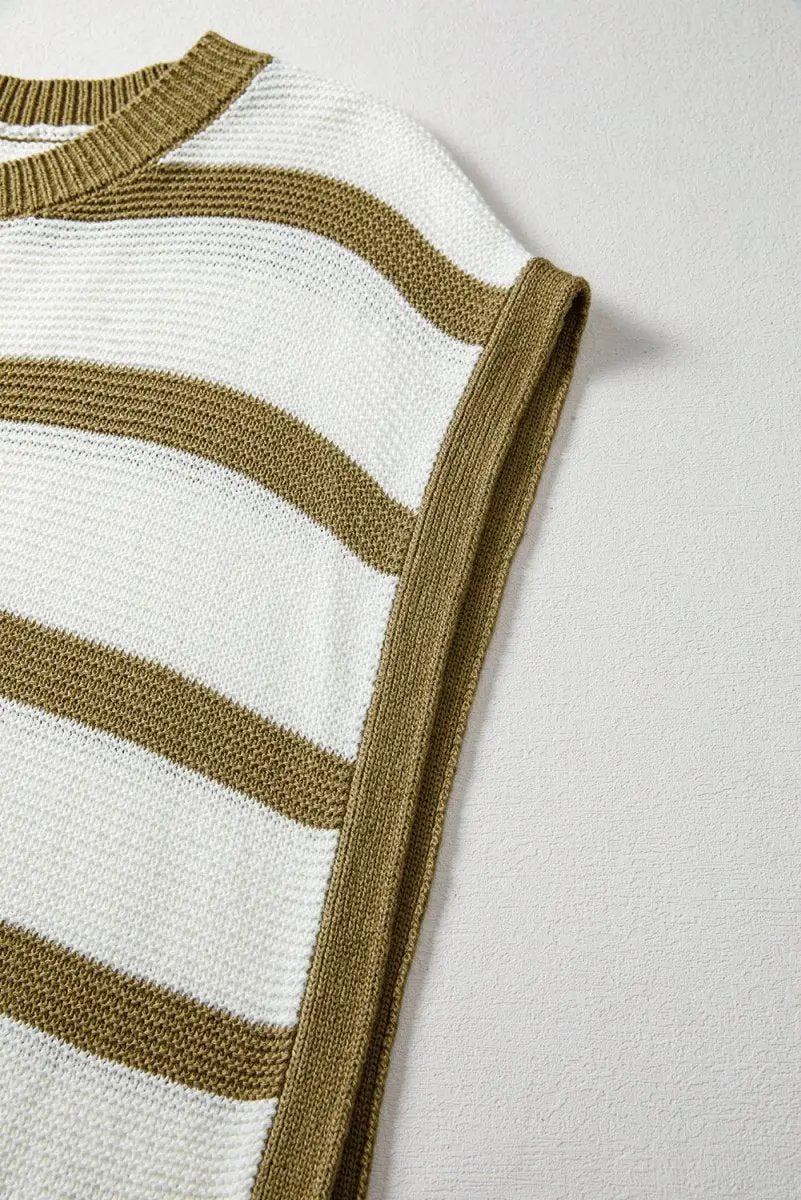 Sweaters Love Salve Khaki Stripe Sweater Women's Daily Knit Top Open Side Casual