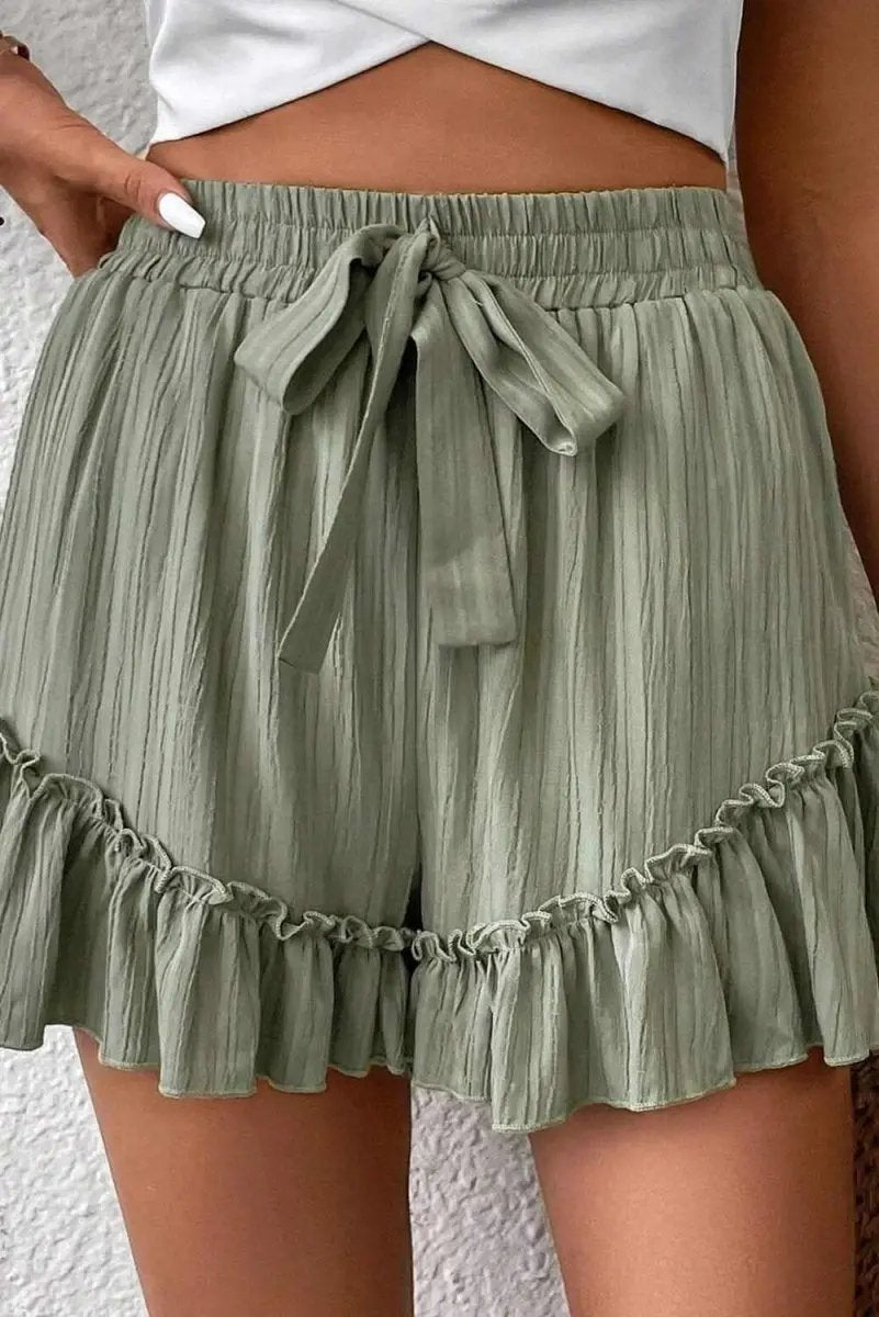 Love Salve Green Ruffle Shorts Women's Casual Summer Bottoms: Textured, Tie-Waist