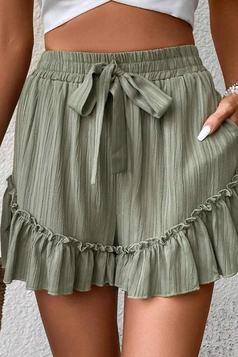 Love Salve Green Ruffle Shorts Women's Casual Summer Bottoms: Textured, Tie-Waist