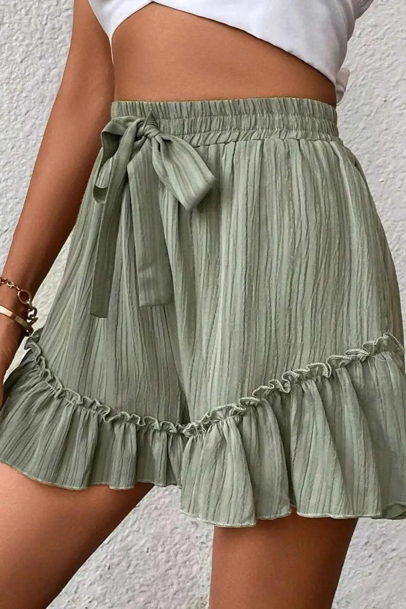 Love Salve Green Ruffle Shorts Women's Casual Summer Bottoms: Textured, Tie-Waist