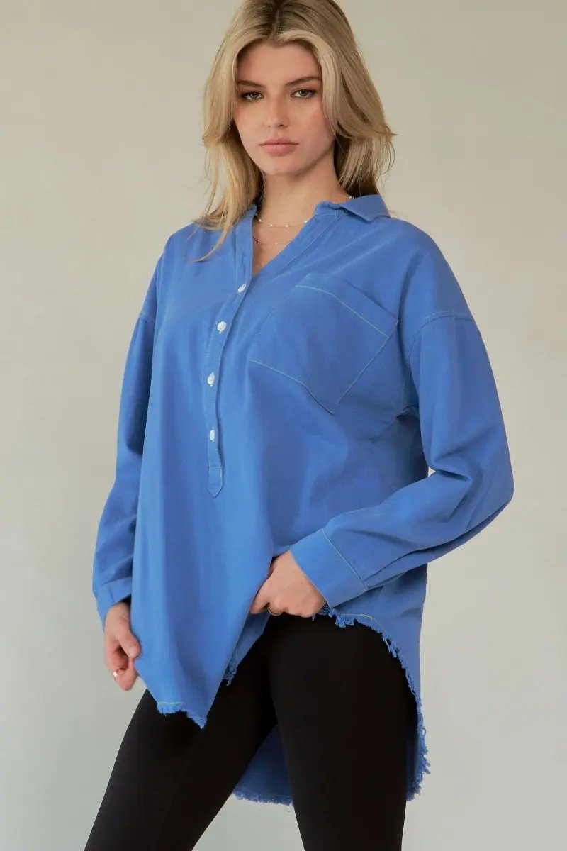 Women's Button-Up Shirt Lettered Button-Up Shirt - Raw Hem - Women's Trendy & Comfy
