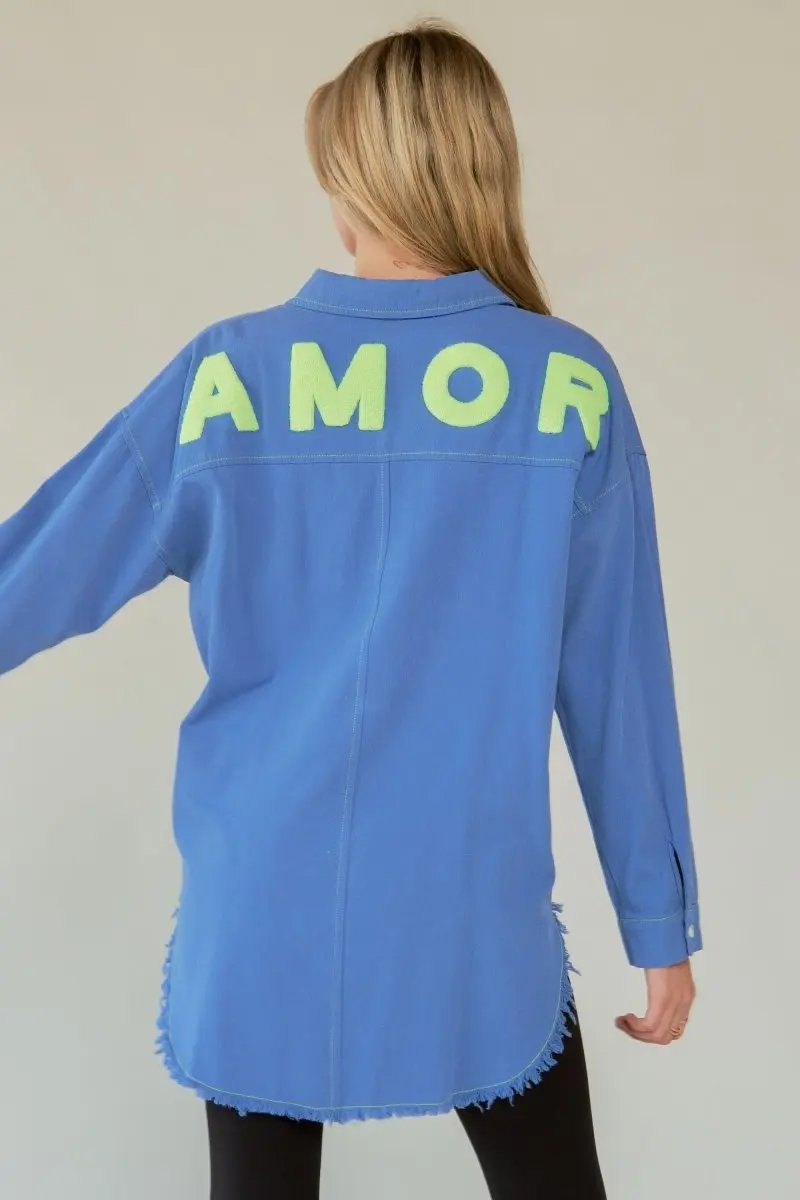 Women's Button-Up Shirt Lettered Button-Up Shirt - Raw Hem - Women's Trendy & Comfy