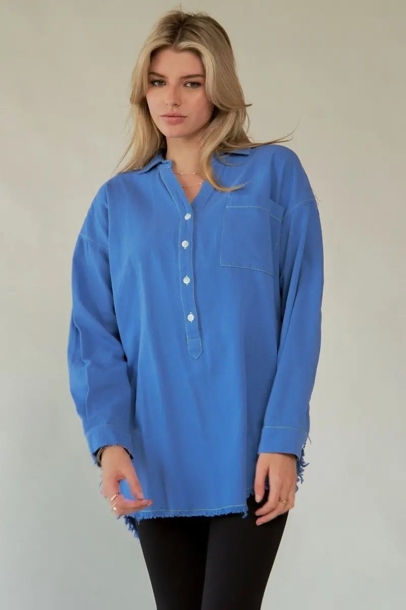 Women's Button-Up Shirt Lettered Button-Up Shirt - Raw Hem - Women's Trendy & Comfy