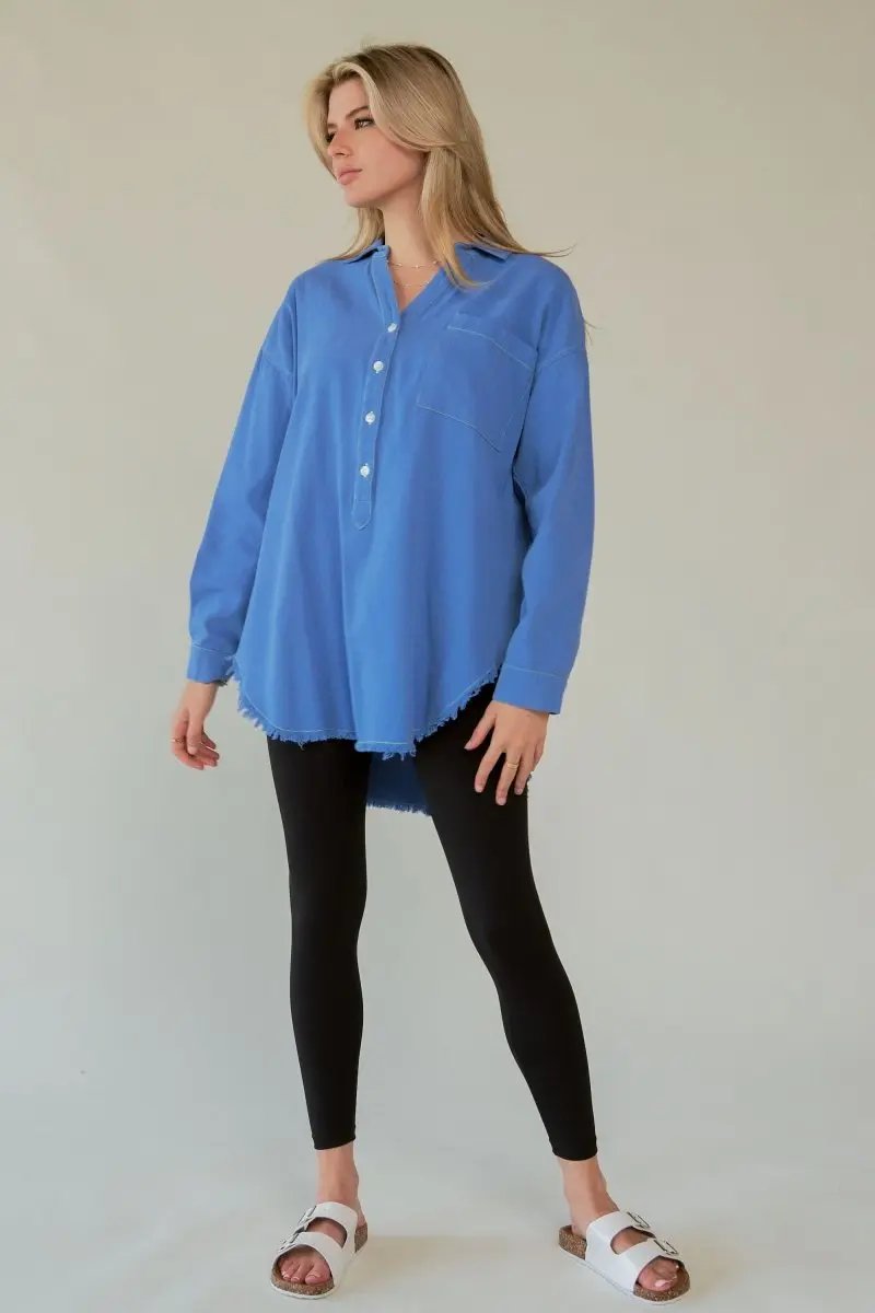 Women's Button-Up Shirt Lettered Button-Up Shirt - Raw Hem - Women's Trendy & Comfy