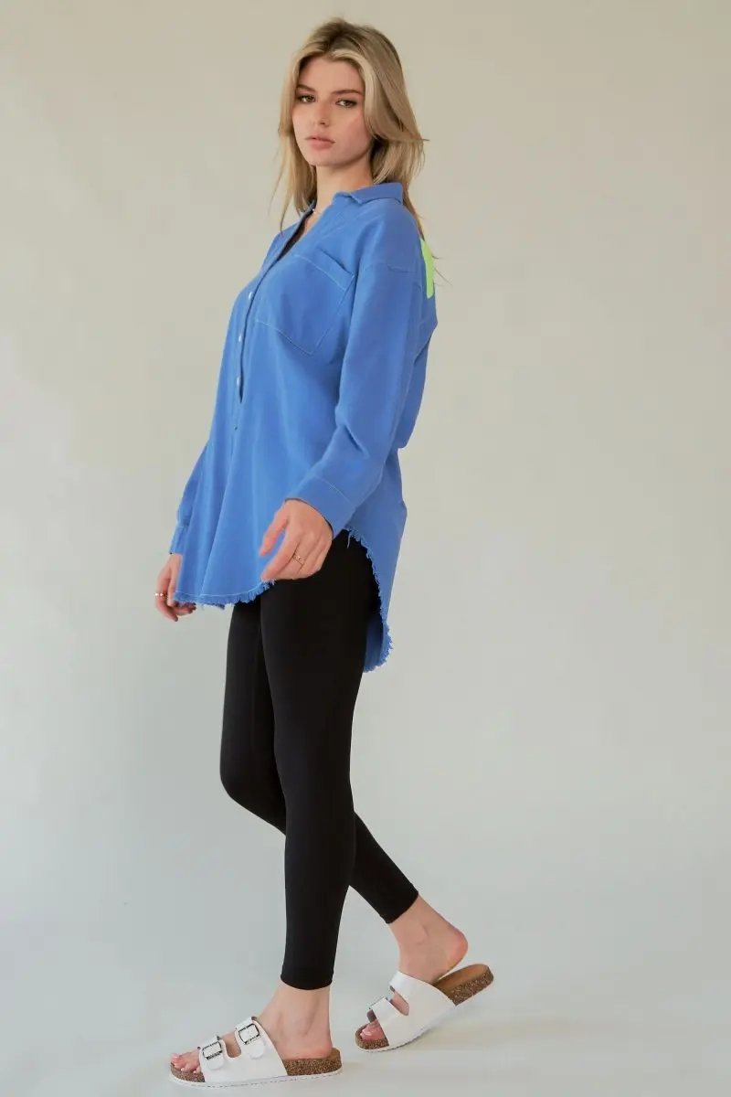 Women's Button-Up Shirt Lettered Button-Up Shirt - Raw Hem - Women's Trendy & Comfy