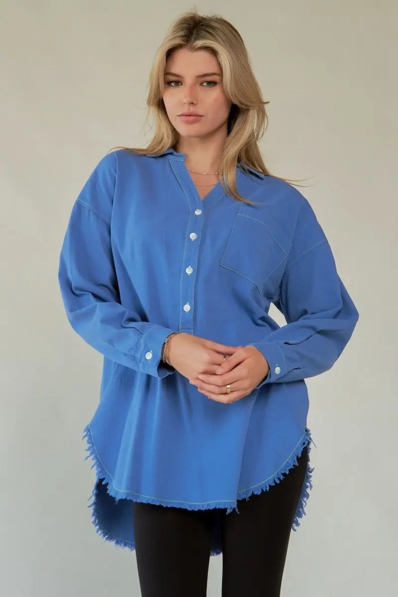 Women's Button-Up Shirt Lettered Button-Up Shirt - Raw Hem - Women's Trendy & Comfy