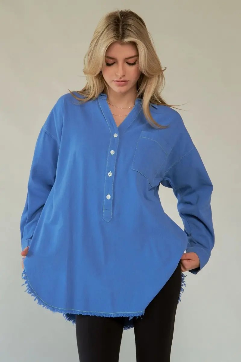 Women's Button-Up Shirt Lettered Button-Up Shirt - Raw Hem - Women's Trendy & Comfy