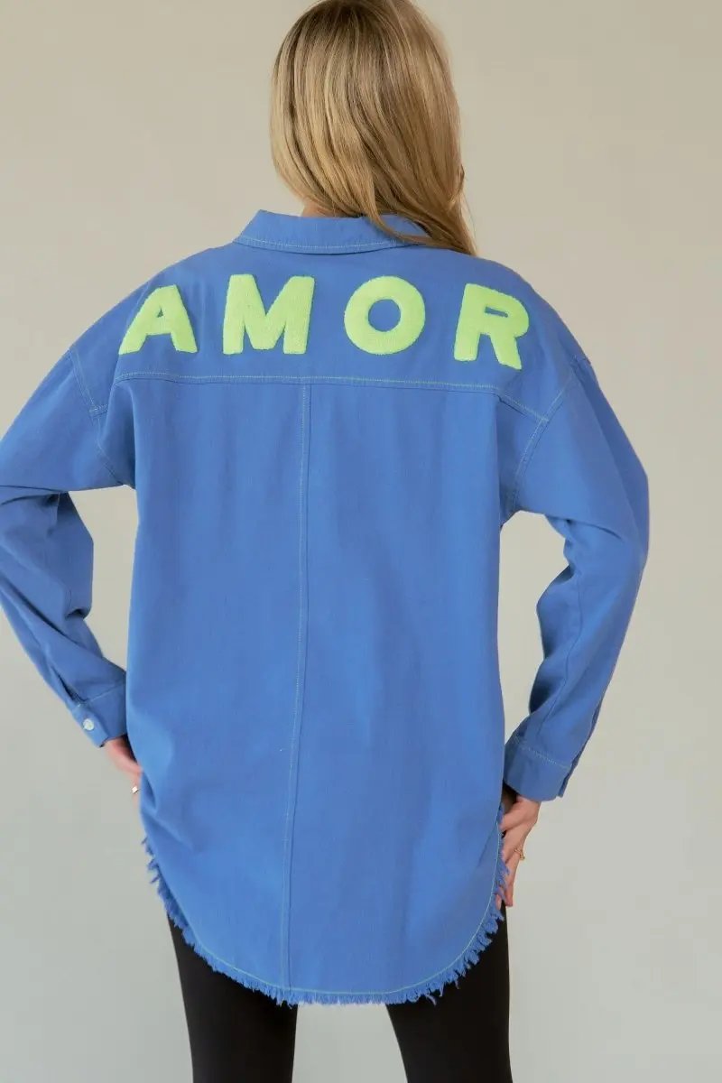 Women's Button-Up Shirt Lettered Button-Up Shirt - Raw Hem - Women's Trendy & Comfy