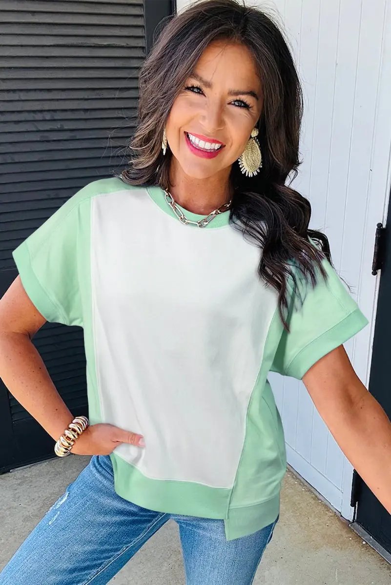 T-Shirts Women's T-Shirt - Green Colorblock Exposed Seam - Casual Summer Tee
