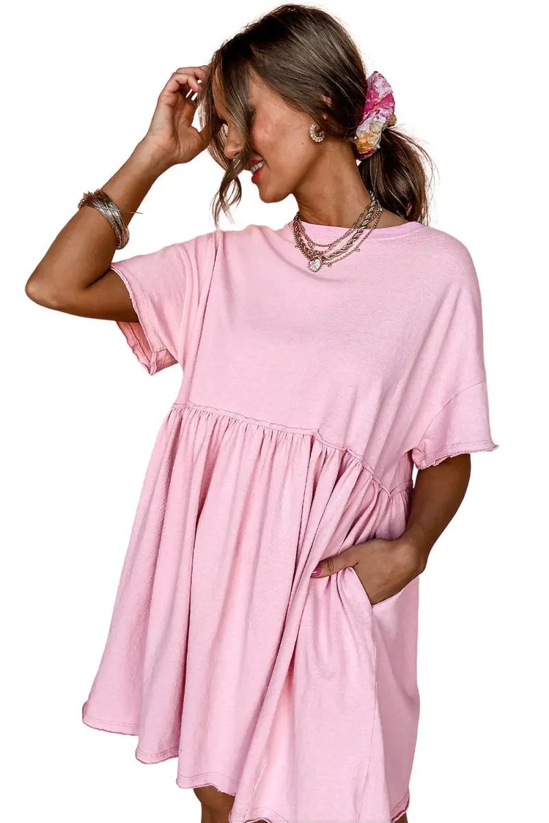 Women's Mini Babydoll Dress Mini Babydoll Dress - Pocketed Raw Edge - Daily Wear