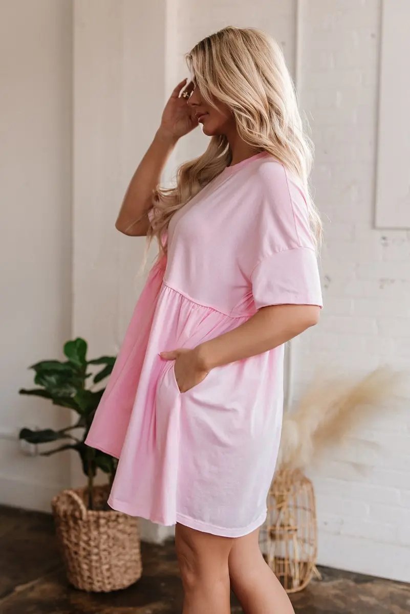 Women's Mini Babydoll Dress Mini Babydoll Dress - Pocketed Raw Edge - Daily Wear