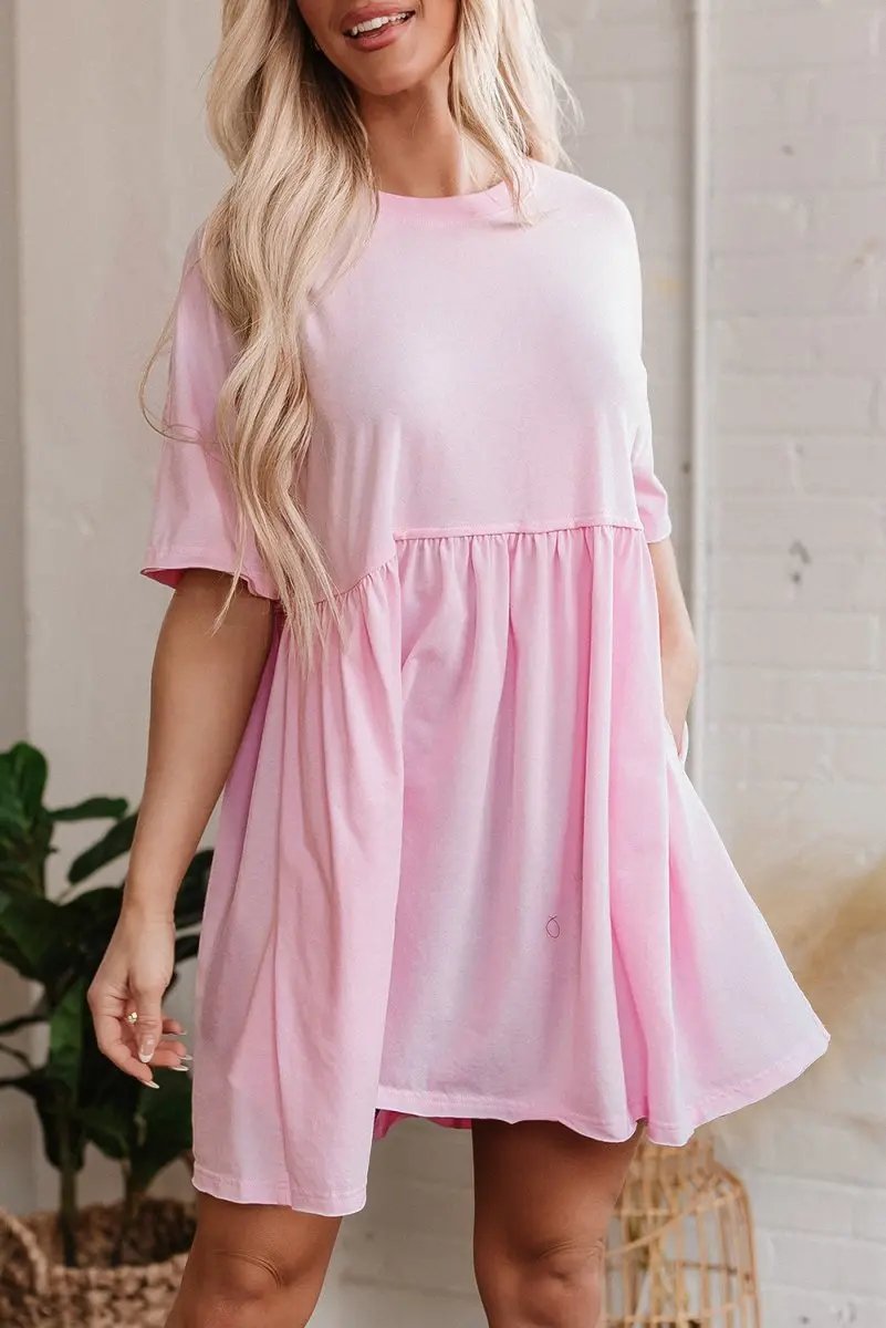 Women's Mini Babydoll Dress Mini Babydoll Dress - Pocketed Raw Edge - Daily Wear