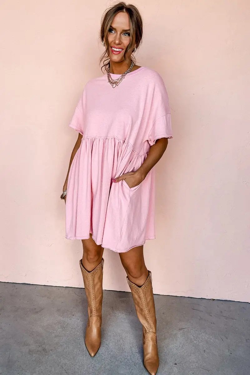 Women's Mini Babydoll Dress Mini Babydoll Dress - Pocketed Raw Edge - Daily Wear