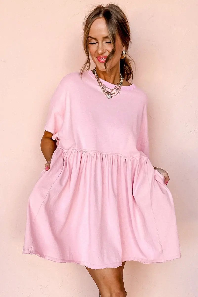 Women's Mini Babydoll Dress Mini Babydoll Dress - Pocketed Raw Edge - Daily Wear