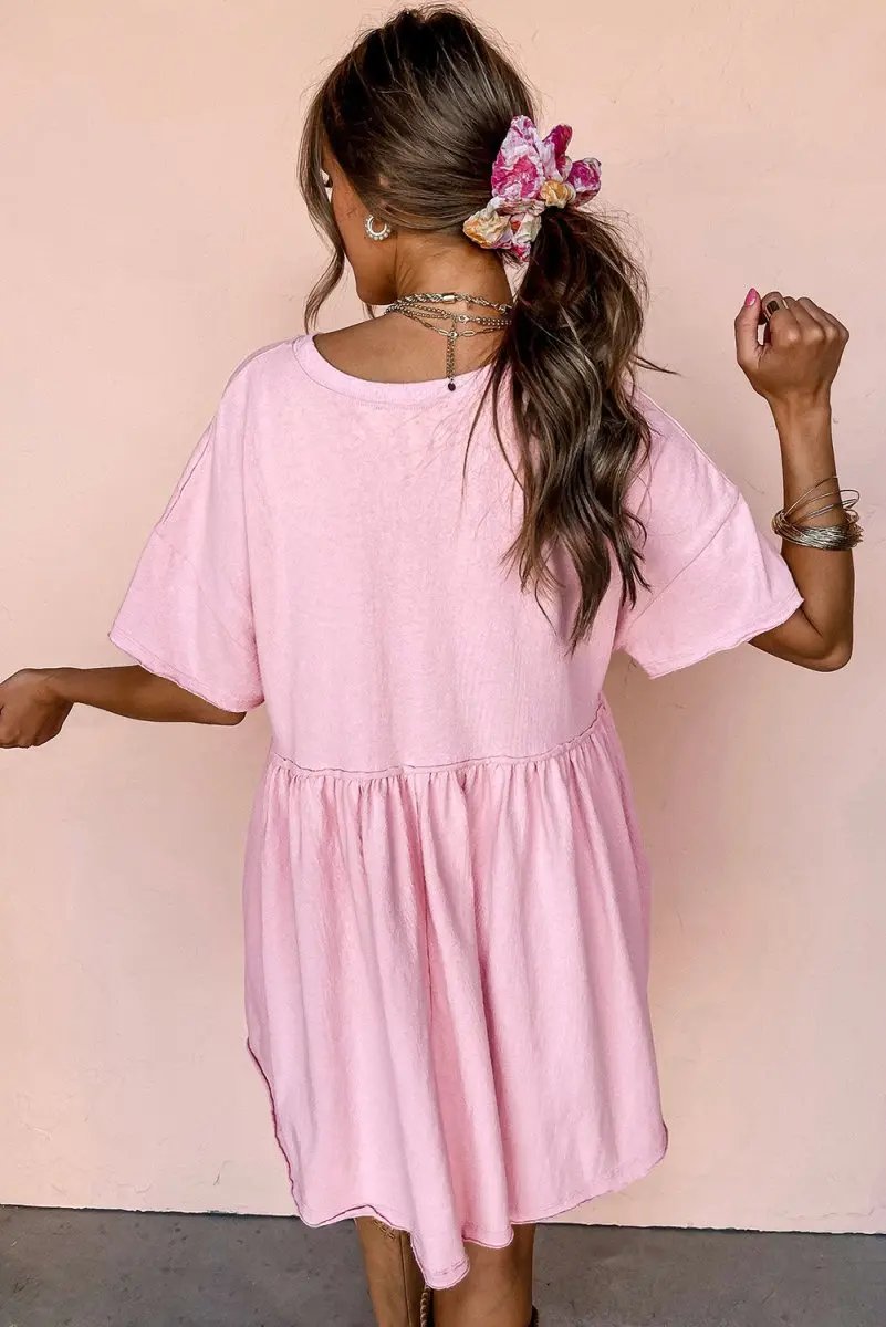 Women's Mini Babydoll Dress Mini Babydoll Dress - Pocketed Raw Edge - Daily Wear