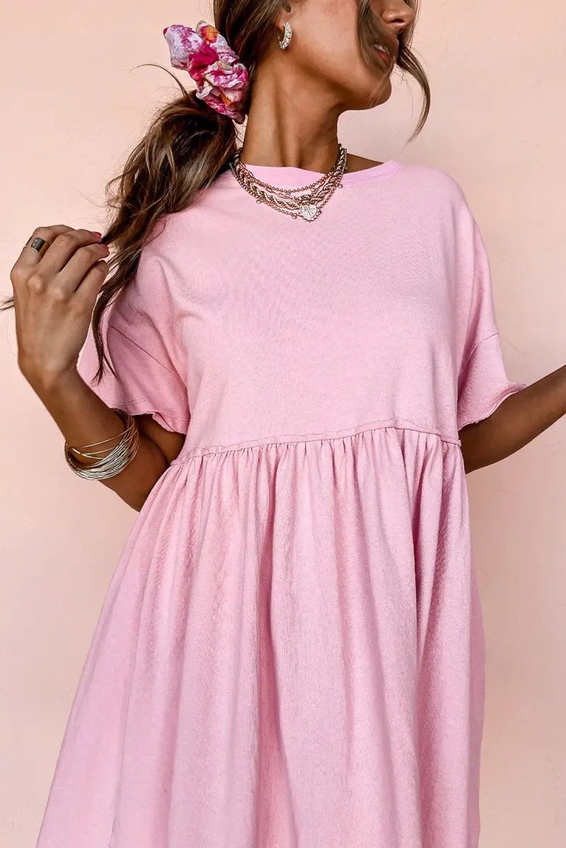 Women's Mini Babydoll Dress Mini Babydoll Dress - Pocketed Raw Edge - Daily Wear