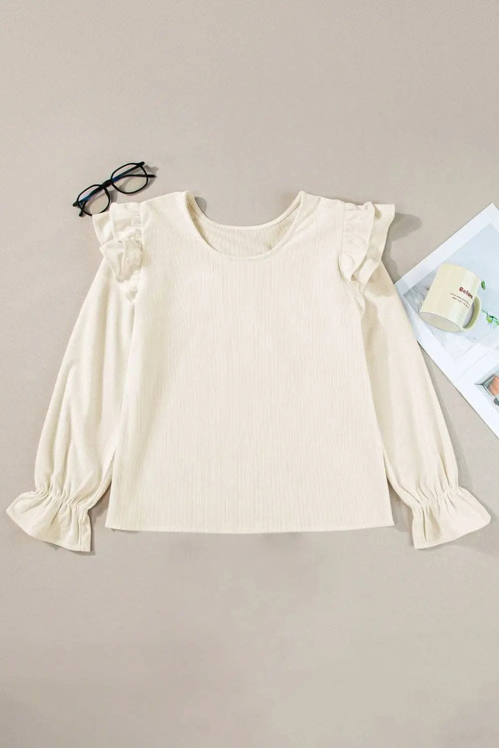 Pants Love Salve Chic beige corduroy blouse with ruffle sleeves