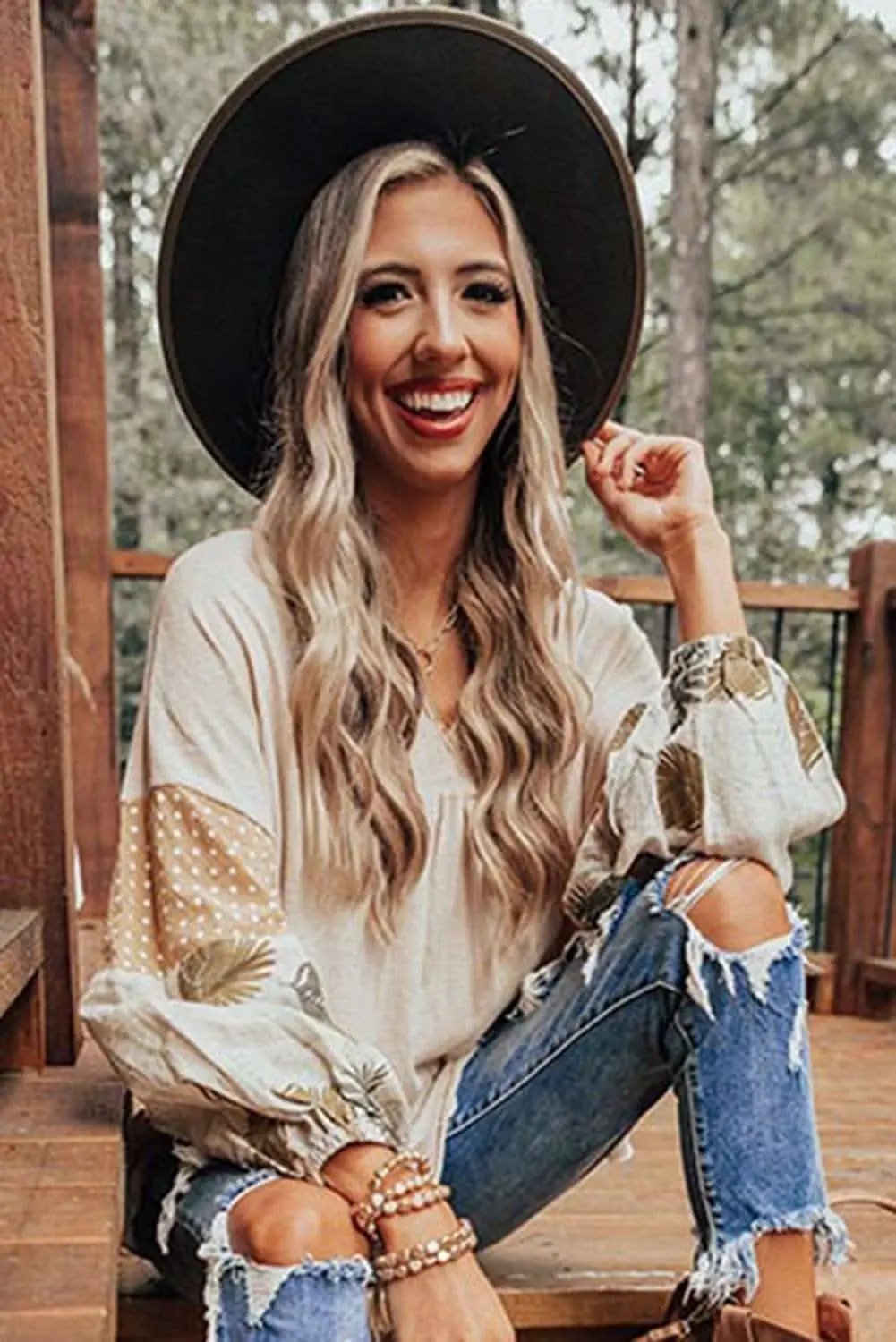 Pants Love Salve Palm Print Blouse Women's Fashion Top Puff Sleeves Chic Style