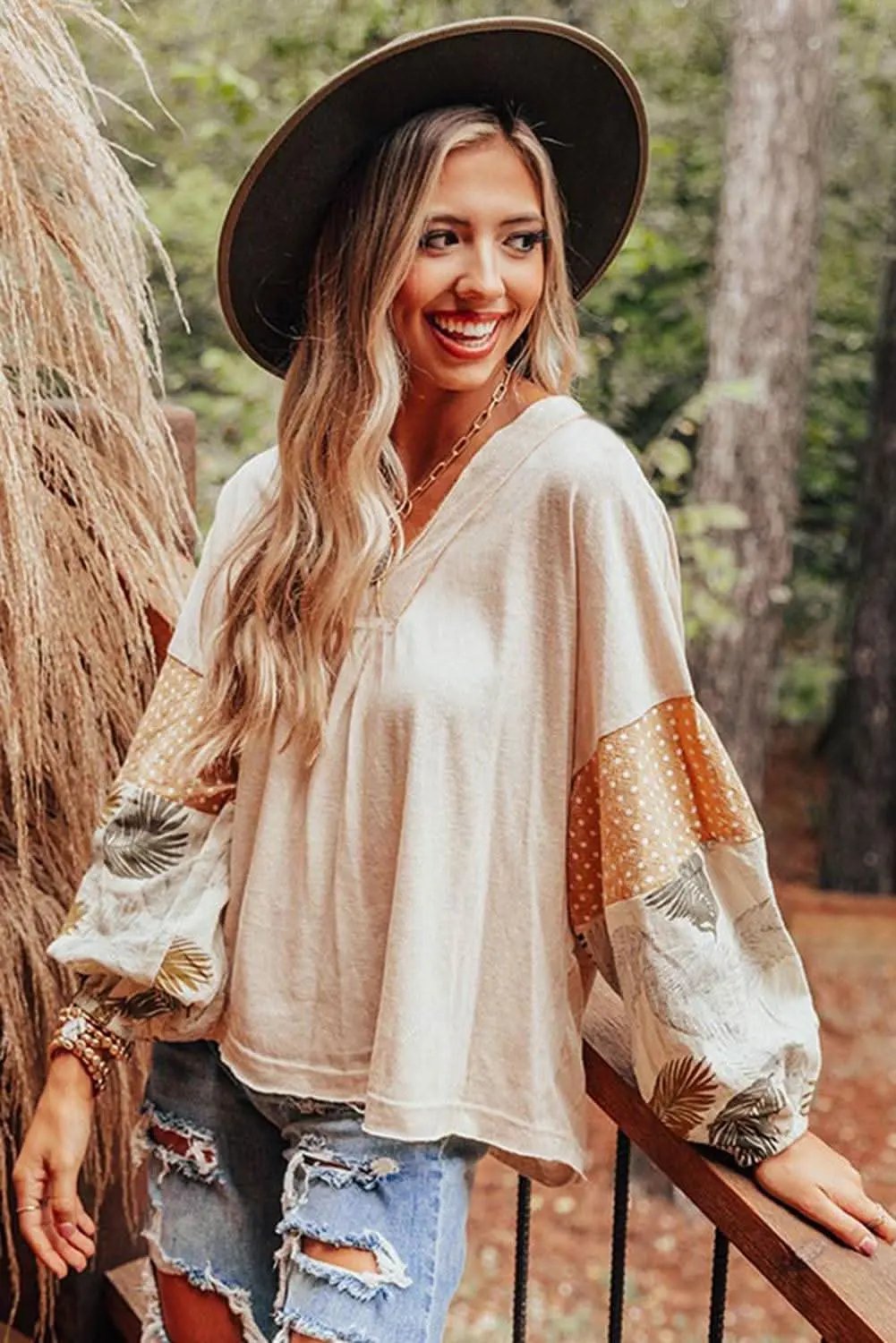 Pants Love Salve Palm Print Blouse Women's Fashion Top Puff Sleeves Chic Style