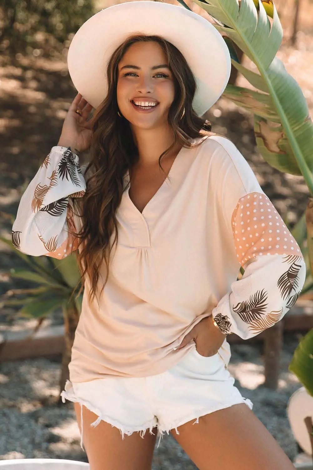 Pants Love Salve Palm Print Blouse Women's Fashion Top Puff Sleeves Chic Style