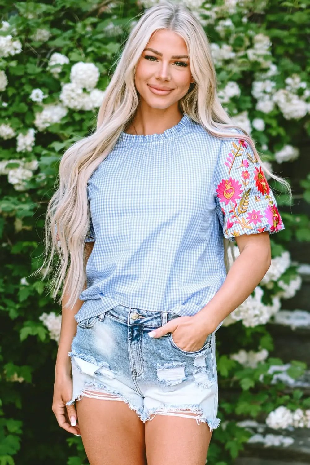 Clothing & Apparel Love Salve Light blue floral blouse with puff sleeves