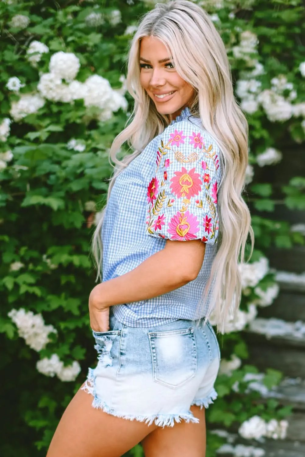 Clothing & Apparel Love Salve Light blue floral blouse with puff sleeves