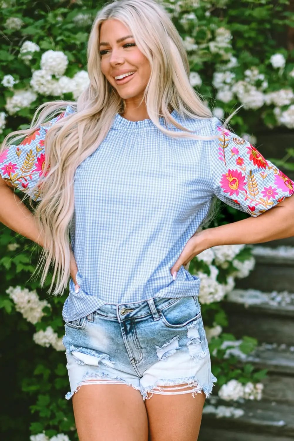 Clothing & Apparel Love Salve Light blue floral blouse with puff sleeves
