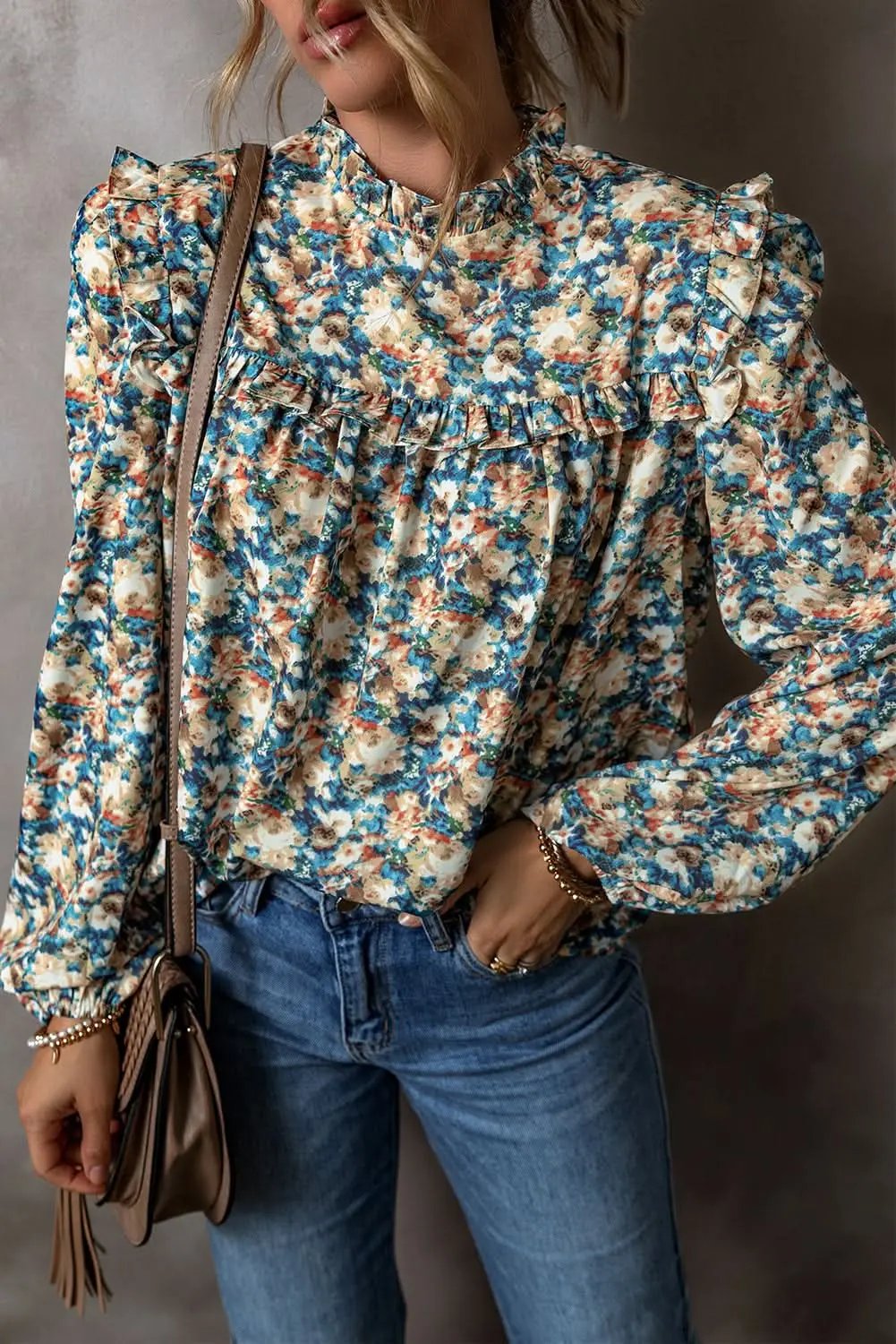 Accessories Love Salve Floral mock neck blouse - sky blue