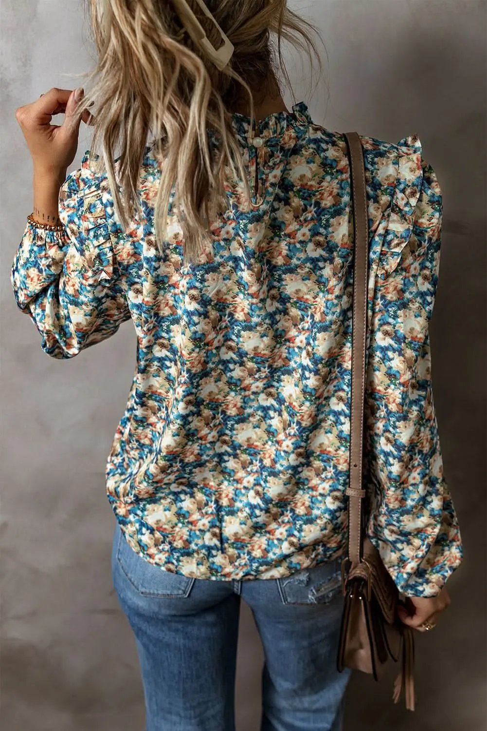 Accessories Love Salve Floral mock neck blouse - sky blue