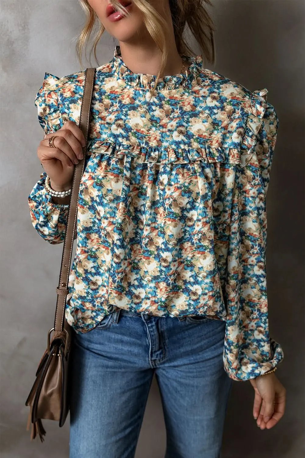 Accessories Love Salve Floral mock neck blouse - sky blue