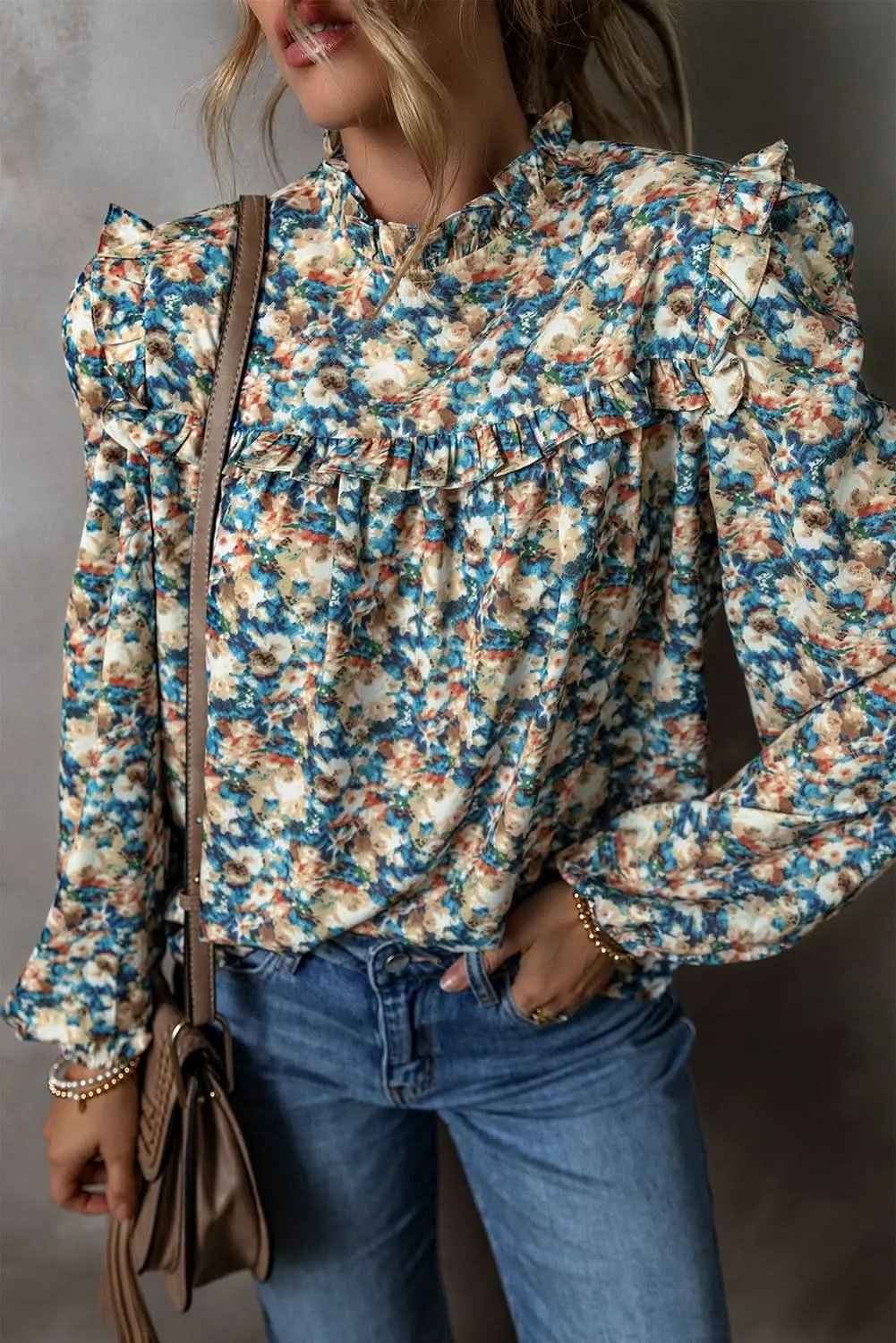 Accessories Love Salve Floral mock neck blouse - sky blue