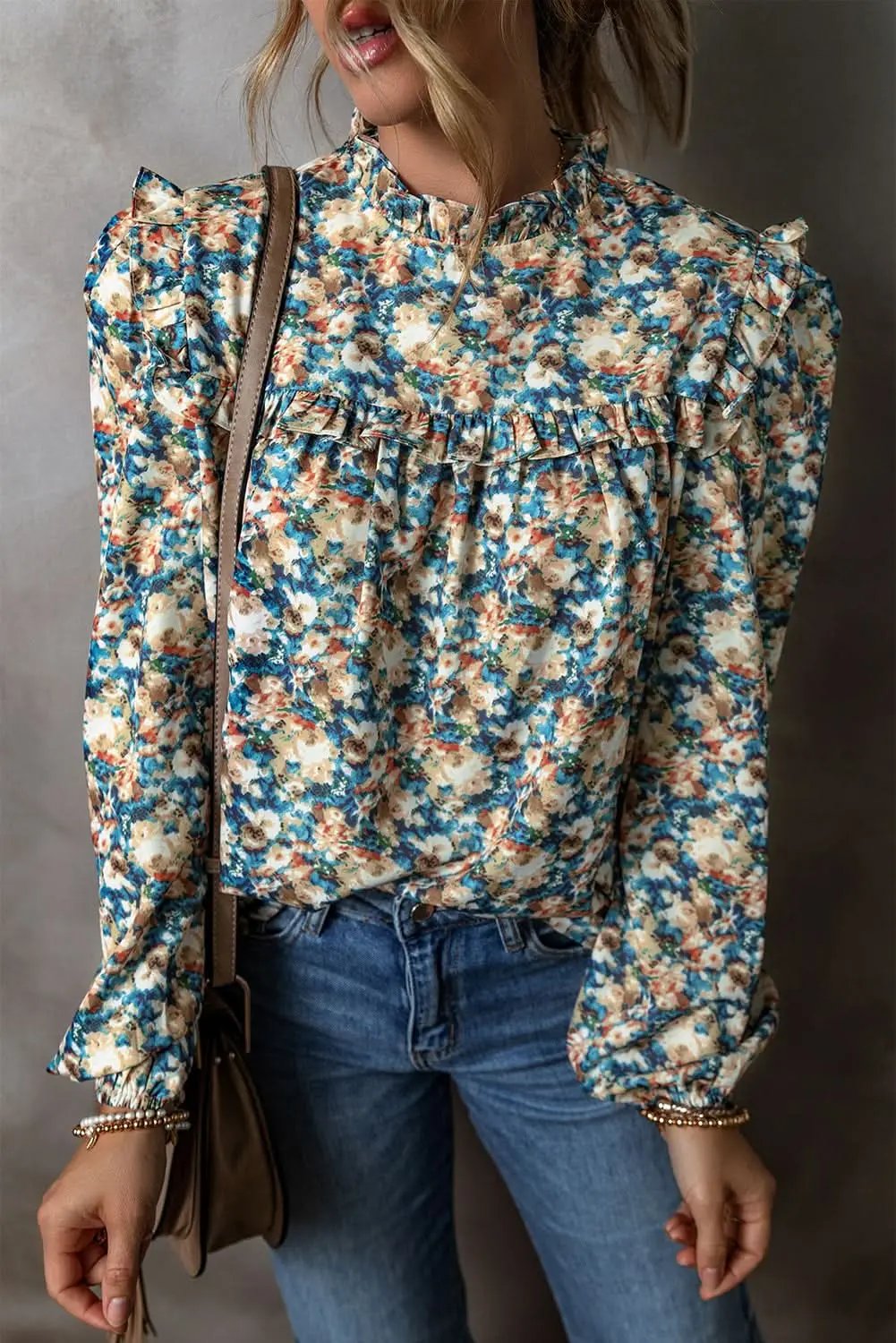 Accessories Love Salve Floral mock neck blouse - sky blue