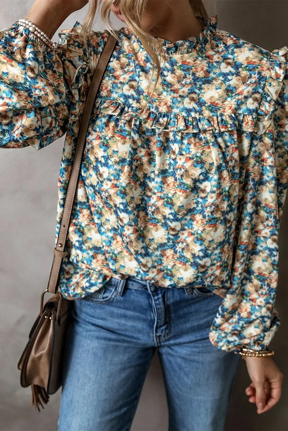 Accessories Love Salve Floral mock neck blouse - sky blue