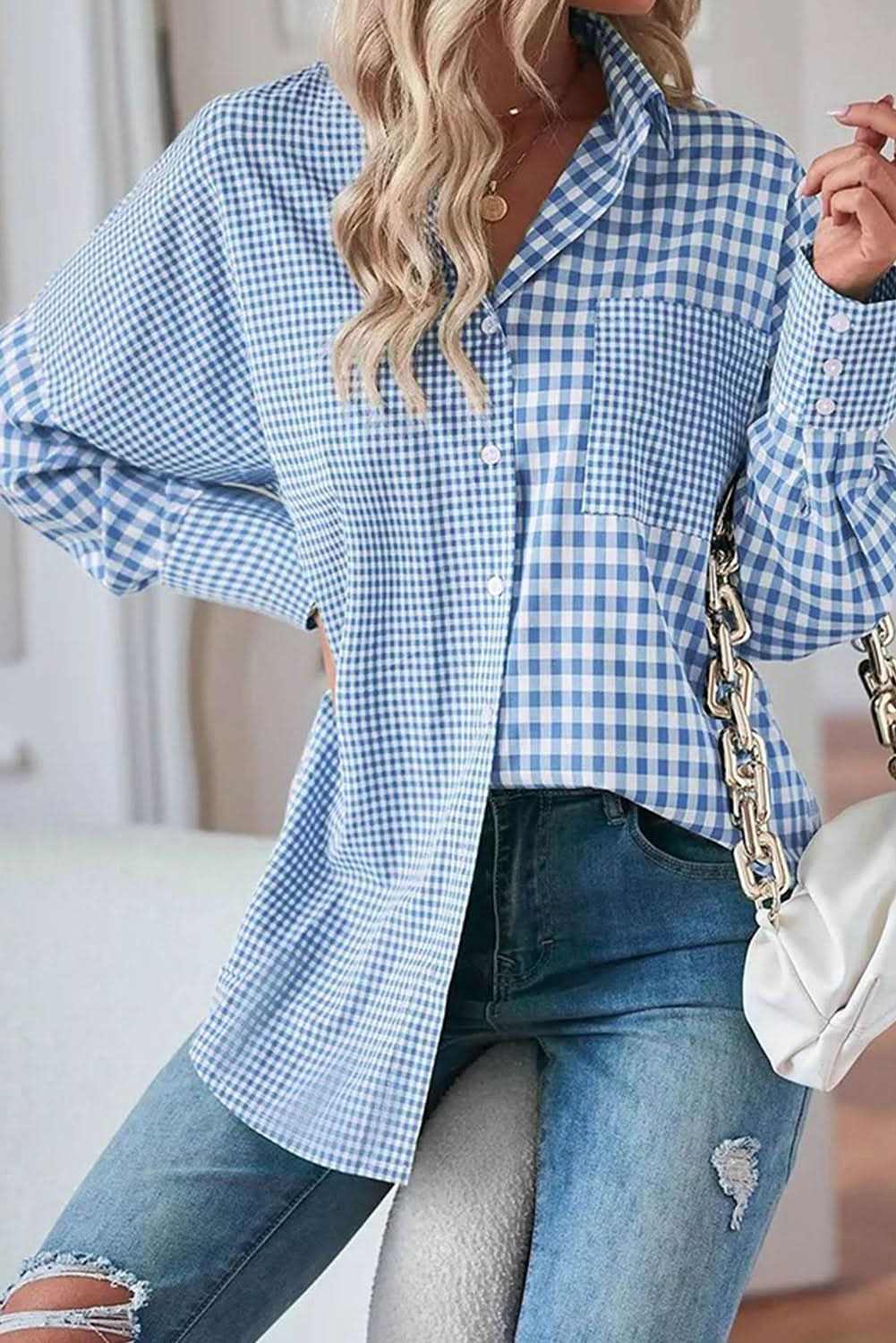 Women's Button-Up Shirt - Sky Blue Plaid - Southern Belle Style